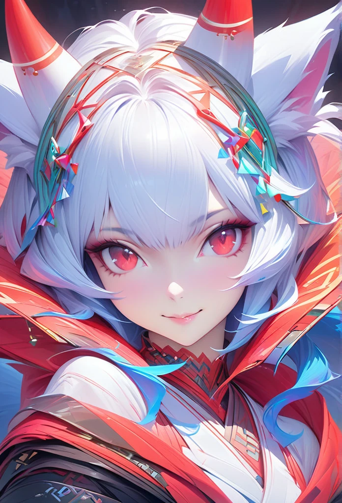 Masterpiece Portrait of Smiling Rei Ayanami (fox demon), fox tail， Caustics, High resolution illustration, Red eyes, feminine,, blue hair,,  Shadow flat illustration, The art of math, Popular topics on ArtStation, Very detailed, fine details, complex,  neon color
