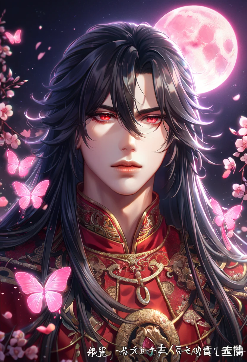 absurdres, highres, ultra detailed, HDR, master piece, best quality, extremely detailed face, delicated features, Xue Yu, untamed spiky hair, black hair, long hair, hair between the eyes, expressive red eyes, Thousand Years War, solo, sexy man, handsome, black cape, red robes, accessories, patterns, fantasy, magical, radiant, pink butterflies, pink flowers, night sky, shinning pink moon, blossoms