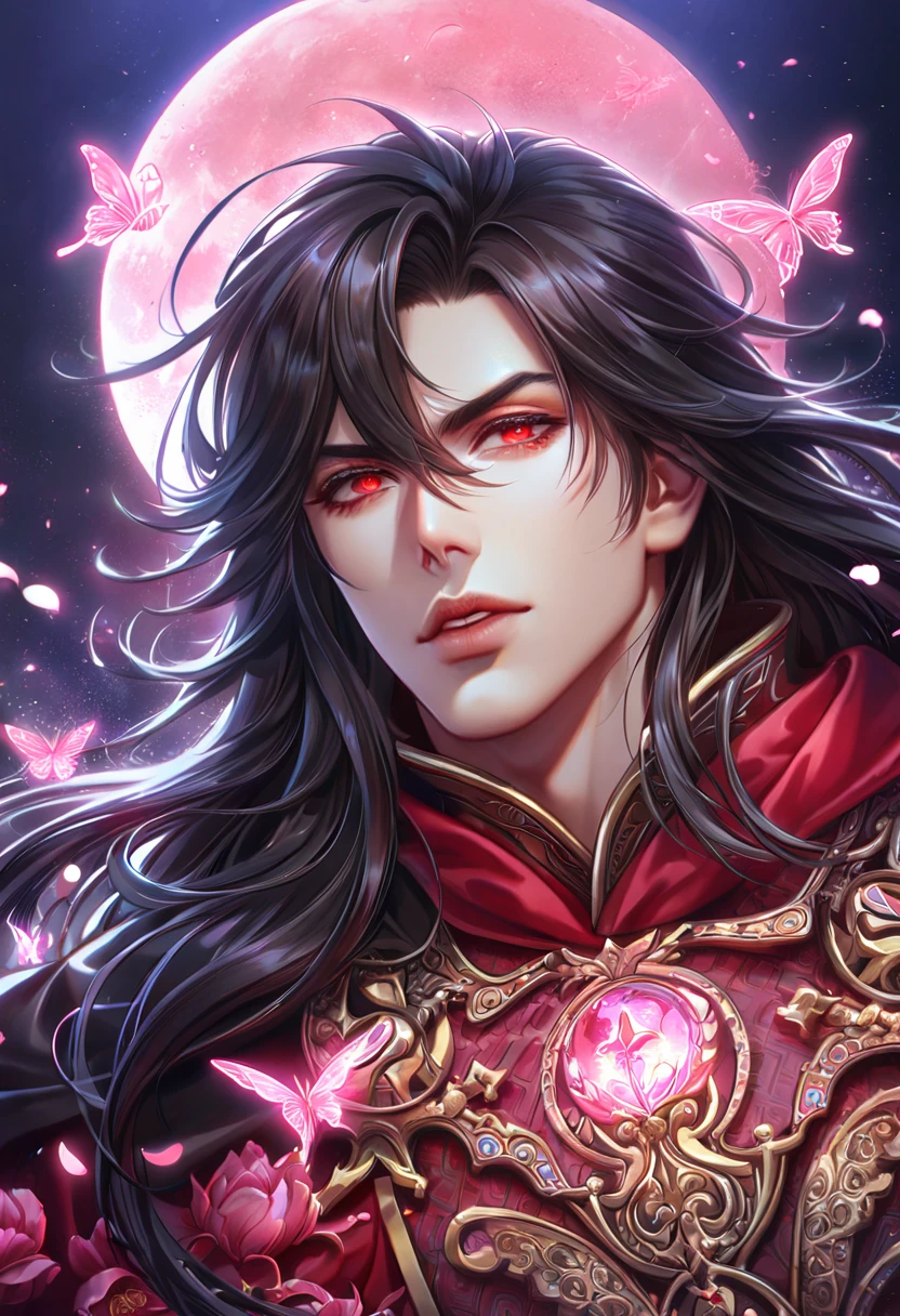 absurdres, highres, ultra detailed, HDR, master piece, best quality, extremely detailed face, delicated features, Xue Yu, untamed spiky hair, black hair, long hair, hair between the eyes, expressive red eyes, Thousand Years War, solo, sexy man, handsome, black cape, red robes, accessories, patterns, fantasy, magical, radiant, pink butterflies, pink flowers, night sky, shinning pink moon, blossoms