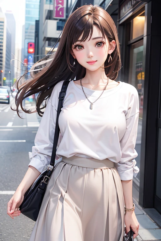 (Highest quality、 8k 、masterpiece、High resolution)、Young lovely woman、Ample breasts、Smooth and unnoticeable collarbone、Slender beauty、(Brown hair medium、My hair is blowing in the wind、Flows backwards)、Full Body Shot、 (Beautiful Face,Beautiful Eyes,Beautiful nose,Pretty lips)、(Stephanie hoove earrings、silver heart necklace)、((Official Casual、knit、shirt、slacks、skirt、Black or white、Finish with basic colors such as pink))、Has an official bag、Her mouth opens slightly and a smile appears.、Nice pose、Building district、office Street、looking at the camera、Professional Lighting、Professional photographer、Detailed CG、