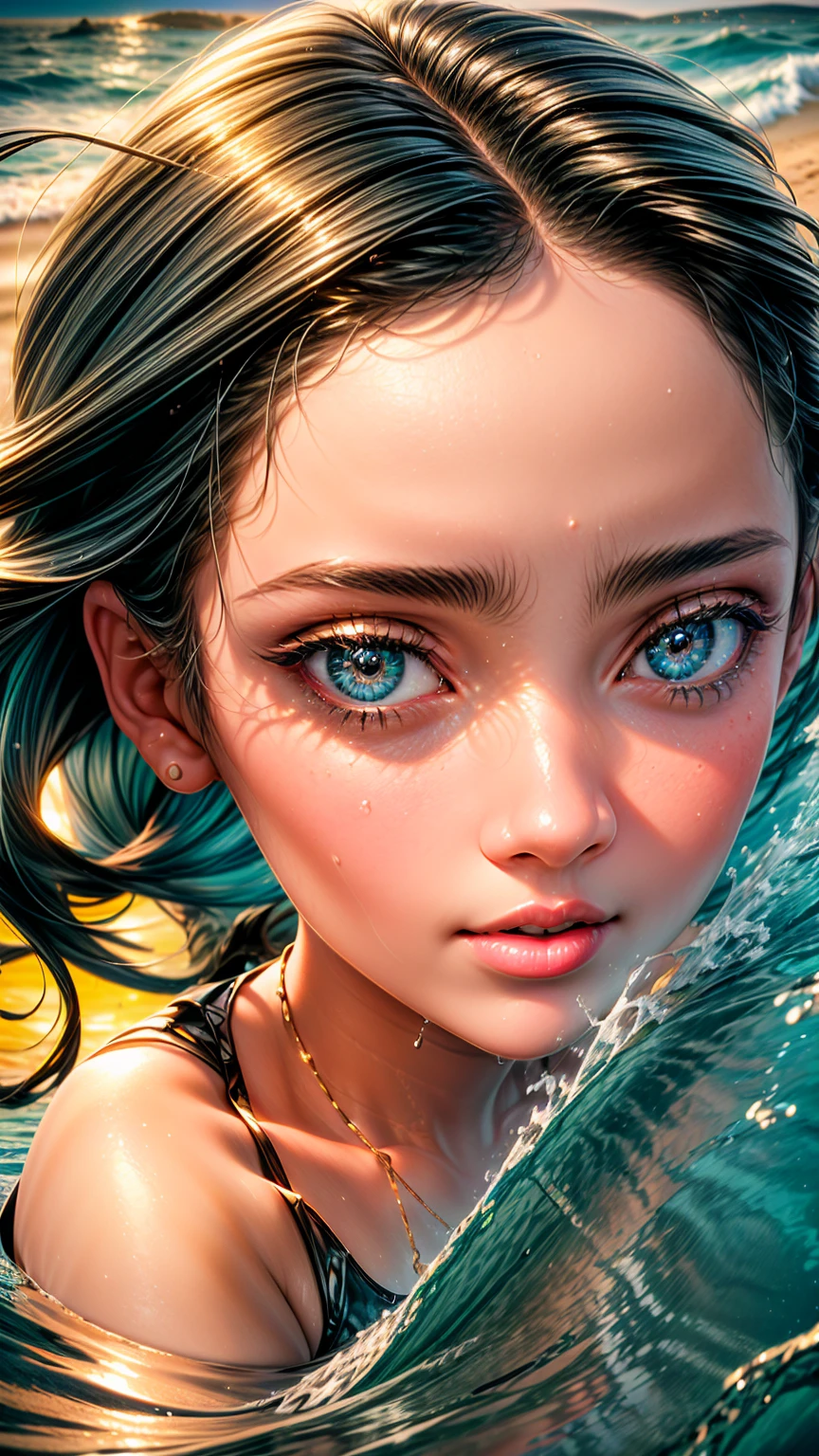 A girl surfing, surfboard, riding through a wave tunnel, detailed ocean waves, beautiful detailed eyes, beautiful detailed lips, extremely detailed face and features, long eyelashes, dynamic action pose, wet hair, water splash, golden hour lighting, highly detailed, 8K, photorealistic, masterpiece, digital art, vibrant colors, cinematic composition