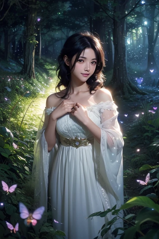 (masterpiece), manga style, soft lights, ethereal, magical looking, a candid looking woman with soft curly black hair, brown eyes, forest, fairytale, full body, tiny butterflies, illustration, magical, light particles, fireflies, art by Mschiffer merged with Makoto Shinkai, cute smile