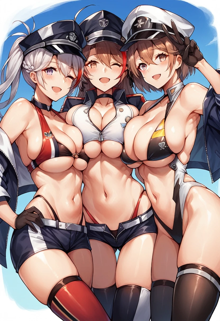 baltimore (azur lane), enterprise (azur lane), prinz eugen (azur lane), long hair, breasts, looking at viewer, blush, smile, short hair, open mouth, bangs, multiple girls, large breasts, brown hair, thighhighs, gloves, hat, navel, cleavage, hair between eyes, bare shoulders, purple eyes, collarbone, jacket, swimsuit, yellow eyes, ponytail, braid, ahoge, white hair, bikini, thighs, red hair, multicolored hair, one eye closed, choker, black gloves, 3girls, pink eyes, two-tone hair, official alternate costume, streaked hair, one-piece swimsuit, clothing cutout, v, skindentation, underboob, highleg, sunglasses, breast press, peaked cap, zipper, cropped jacket, navel cutout, highleg bikini, half gloves, race queen, underboob cutout, hair through headwear, eyewear on headwear