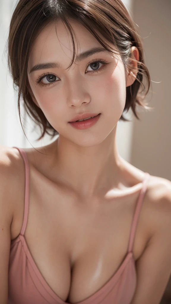 (masterpiece:1.3), high resolution, ultra detailed, extremely detailed CG unity 8k wallpaper, realistic, photo-realistic, RAW photo, super fucking beautiful detailed face, pale skin, realistic glistening skin, detailed cloth texture, detailed hair texture, beautiful detailed fullbody, Perfect female body, accurate, Anatomically correct, Highly detailed face and skin texture, natural neck length, (beautiful hands), (fair skin:1.1), (well-aligned teeth:1.1), (Sweaty skin:1.2),
BREAK,
Detailed eyes, symmetric eyes, Light Brown eyes, Double eyelids, Thin eyebrows, (Glossy lips:1.4), ((A face with waiting for a kiss:1.2)), (blush:1.1), (A sparkling small hair accessory:1.1), (beautiful smile:1.1)
BREAK,
beautiful large breasts, cleavage,
((short hair, Dark blonde hair, bangs:1.2)),
BREAK,
pool, bikini