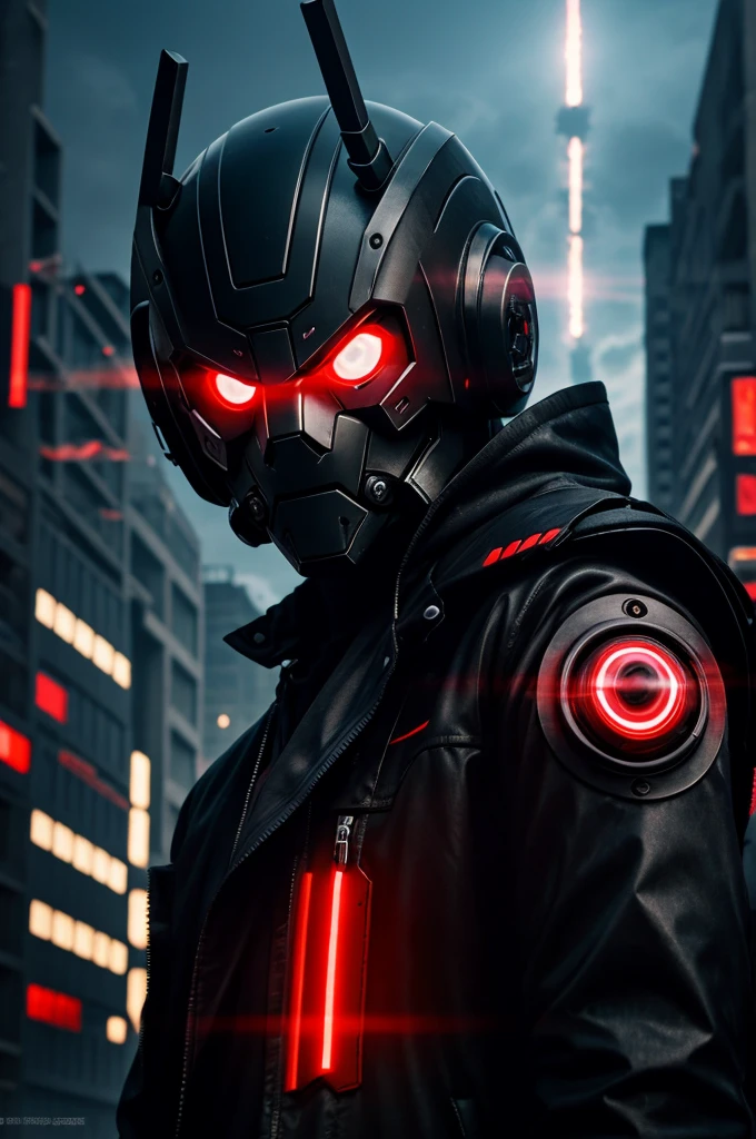 Anime boy, android, robot, ruined city, high tech mask,red eyes glowing, demon, black jacket, scary, pistol