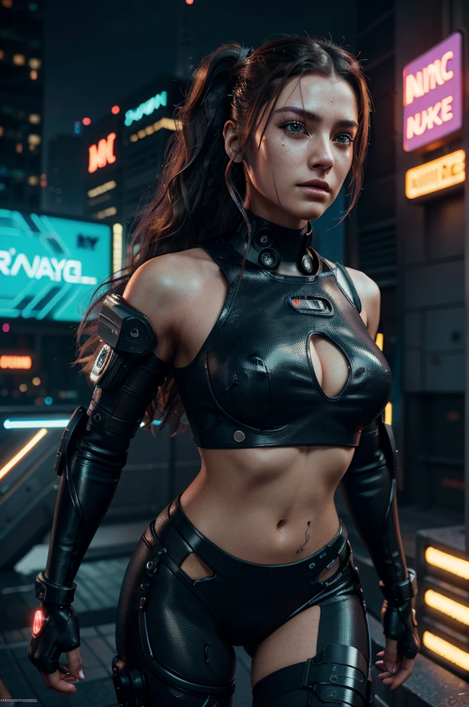 a female cyborg, cyberpunk with hair blown back by a bass wave, euphoric expression, intricate cyberpunk details, neon lights, detailed facial features, realistic 3D render, cinematic lighting, highly detailed, 8k, photorealistic, hyper detailed, masterpiece