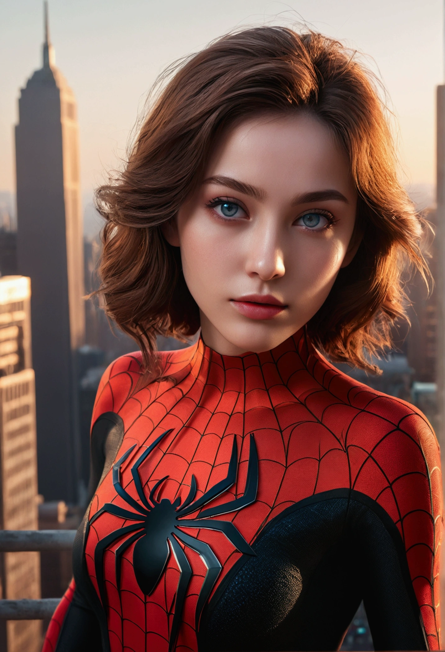 (1girl:1.3), Solo, (((Very detailed face)))), ((Very detailed eyes and face)))), Beautiful detail eyes, Body parts__, Official art, Unified 8k wallpaper, Super detailed, beautiful and beautiful, beautiful, masterpiece, best quality, original, masterpiece, super fine photo, best quality, super high resolution, realistic realism, sunlight, full body portrait, amazing beauty, dynamic pose, delicate face, vibrant eyes, (from the front), She wears Spider-Man suit, red and black color scheme, spider, very detailed city roof background, rooftop, overlooking the city, detailed face, detailed complex busy background, messy, gorgeous, milky white, highly detailed skin, realistic skin details, visible pores, clear focus, volumetric fog, 8k uhd, DSLR, high quality, film grain, fair skin, photo realism, lomography, futuristic dystopian megalopolis, translucent