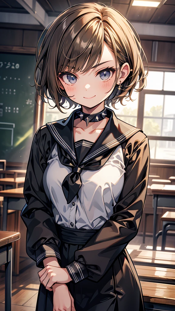 Very short spiked hair　dull brown hair　tall　Narrow eyes　smile　Glare　frivolous attitude　Country-style black sailor suit　Nagoya collar　　Rural classroom　Close-up of face