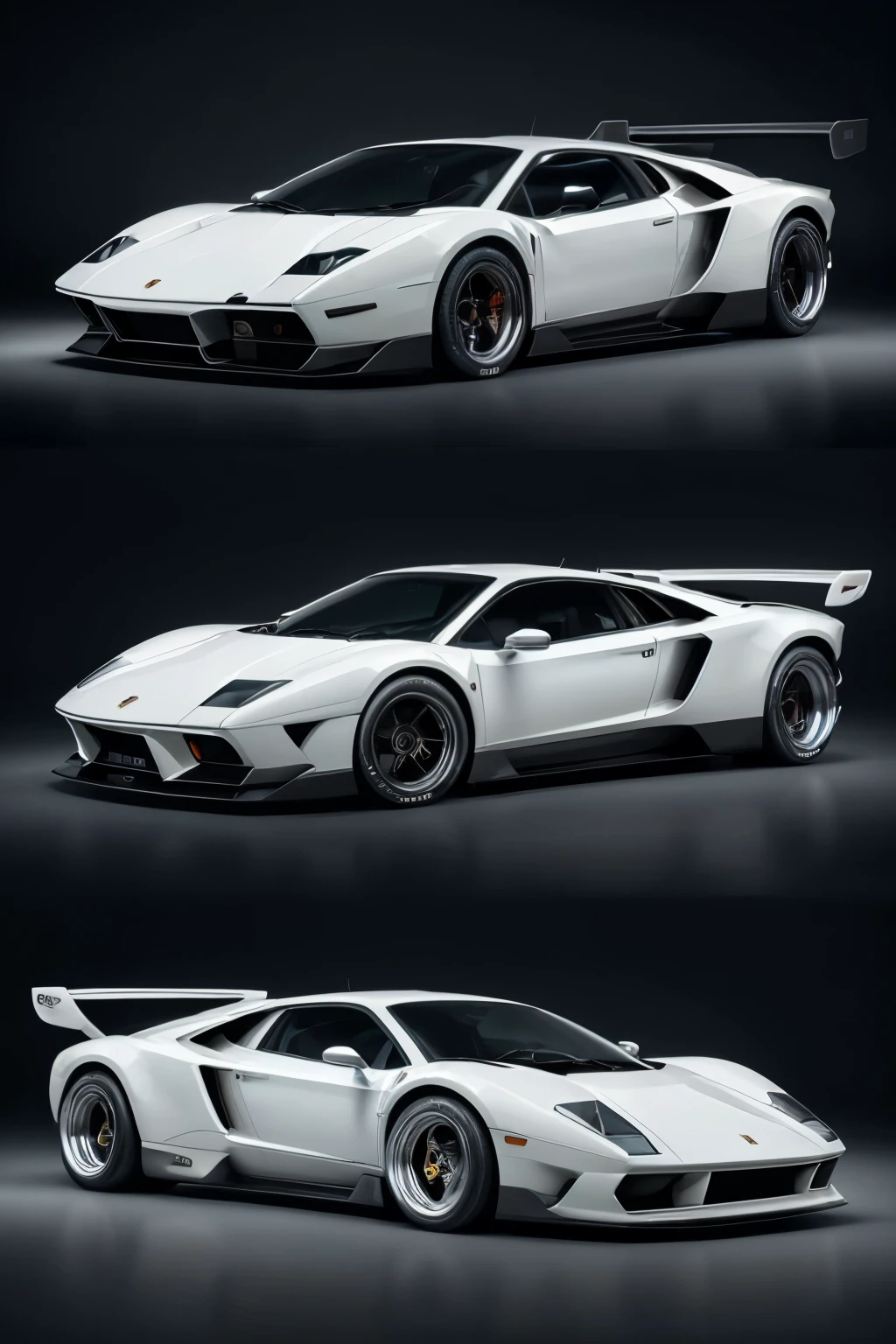 1. In the first frame, the fusion of the White Ferrari F-40 and the White Lamborghini Countach is captured in a breathtaking front view. The iconic design of both vehicles is seamlessly combined, with the sharp lines and curvaceous front end of the F-40 meeting the strikingly muscular and angular front bumper of the Countach. The headlights and grille of each car are harmoniously blended, creating a unique and powerful presence.

2. The second frame showcases the perfect side view of this fascinating fusion. The combination of the F-40's sleek side profile and the Countach's iconic wedge shape results in