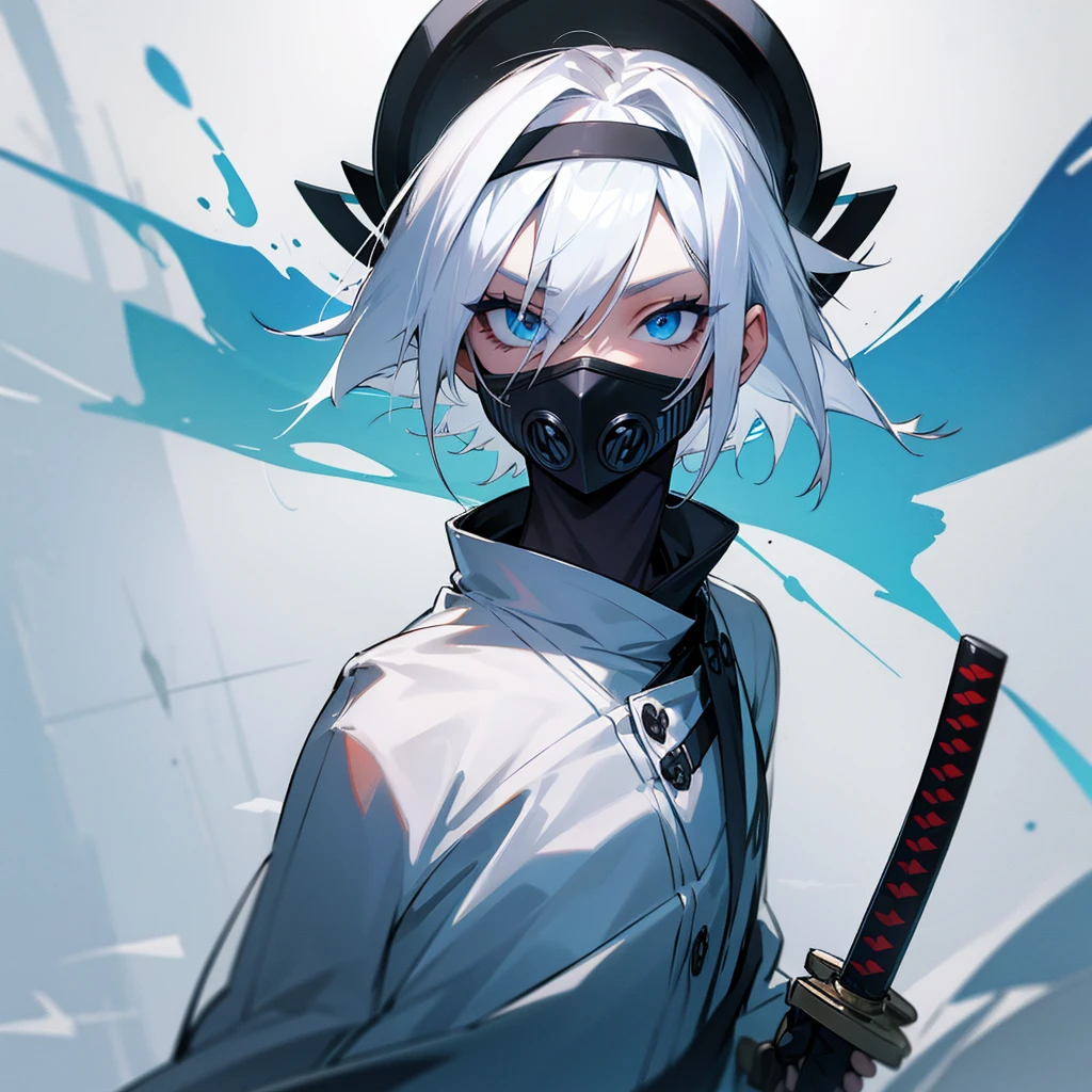 White hair, blue eyes holding katana, wearing a toxic mask