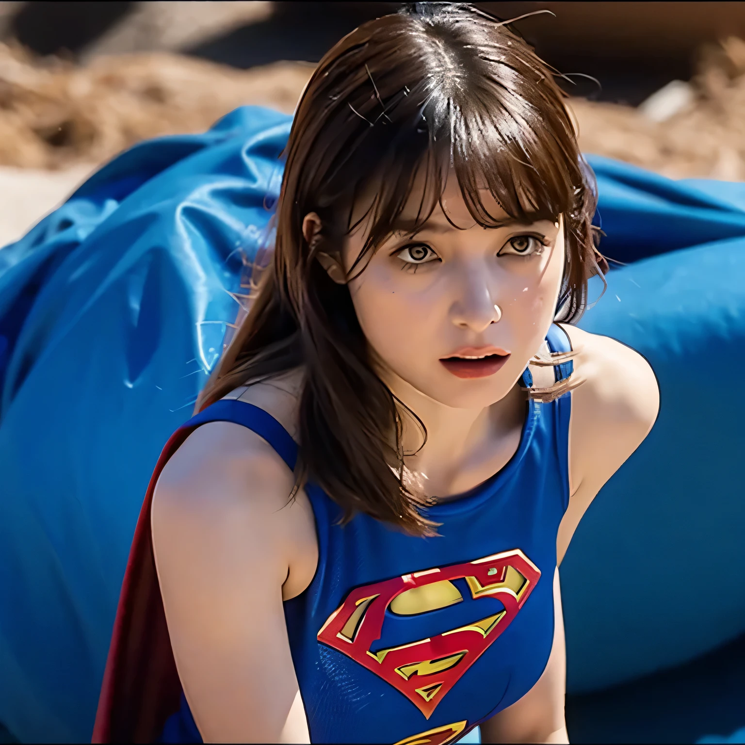 Supergirl, Beautiful Supergirl, 29 years old, Height : 152 CM, at desert, midday, supergirl tanktop costume, hair tied, hair bangs, Supergirl was sweating profusely, Supergirl had wet sweat on her chest, Supergirl had wet sweat on her head, Supergirl is shocked, Supergirl looks up, Supergirl looks scared, Supergirl screamed in pain, supergirl defeated, supergirl tanktop costume is torn, Supergirl fights against a giant, Supergirl is seriously injured, Supergirl cried, supergirl in peril
