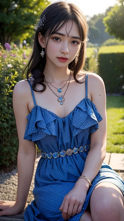 best quality, masterpiece, 1girl, (polka dot dress), (indigo dress), hair ornament, necklace, (jewellery:1.8), Beautiful face, small breasts, tyndall effect, photorealistic, rim lighting, two tone lighting, (high detailed skin:1.2), dslr, (spreading light:1.5) soft lighting, high quality, volumetric lighting, candid, in the garden, Photograph, high resolution, 4k, 8k, Bokeh, sitting,