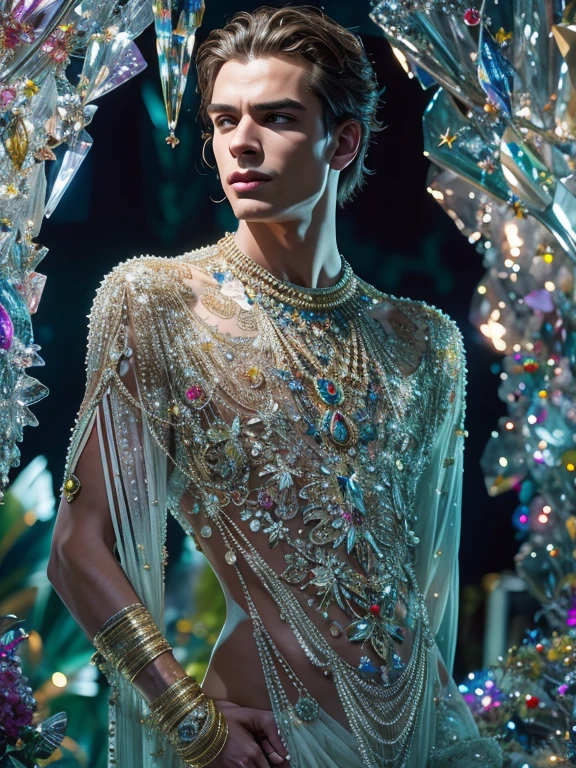 Super realistic, masterpiece, Best quality, height, very detailed, Handsome young man posing naked surrounded by crystal, Personality of the crystal as a person, 18-year-old man, bright colors, реалистичный light, sparkling reflections from crystals, Bright and radiant skin, Bit body, intense look, bright features, Well defined jaws, dirty hair, Confident and relaxed posture, Artistic elements, Elegant and elegant gestures, Mesmerizing and mesmerizing expression, The man&#39;s body is covered with delicate and complex crystals.., Create a mesmerizing and ethereal effect., Impeccable attention to detail, Flawless surface visualization, The perfect combination of realism and fantasy, Incredible depth and size, Notice the difference between the smoothness of men&#39;s skin and the texture of crystals., Combination of human form with crystal, which smoothly surrounds him., Conjures a feeling of elegance, beauty, and secret, A powerful symbol of purity and strength., embodied by crystal elements., Expertly applied shadows and highlights to enhance 3D image quality.., Skillful use of colors to create a fairytale atmosphere., Gentle and gentle light and shadow, Create beautiful, exciting and emotional scenes, Exquisite craftsmanship and skillful execution, capturing the essence of both the human form and the ethereal beauty of crystals, Create an impressive and memorable viewing experience.foreground,Full body image !On a black background.