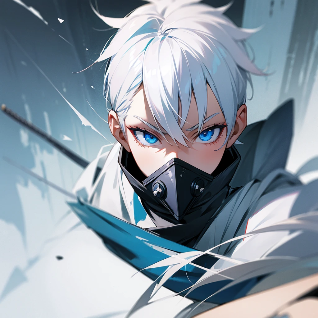 White hair, blue eyes holding katana, wearing a toxic mask