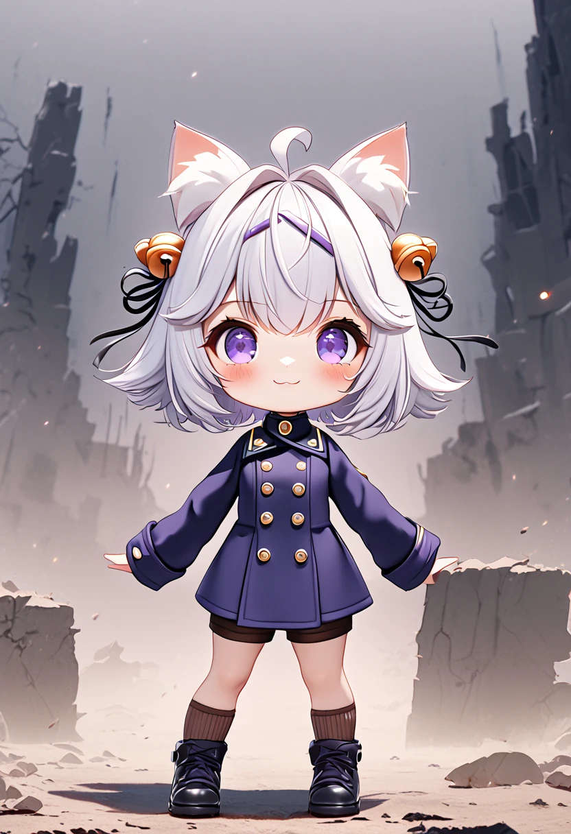 master piece, best quality, ultra-detailed, illustration, 1girl, solo, chibi, (big head), cute pose, front view, looking at viewer, ((full body Close up)), Filiansailor, (purple hairclip:1.5), (hair bell:1.5), white hair, short hair, cat ears, ahoge, purple eyes, blush, smiling, fluffy tail, ((dark blue 8buttons peacoat)), long sleeves, brown knee length shorts, brown knee socks, (dark blue shoes) , battlefield background, gloomy atmosphere, broken castle, broken walls, broken windows