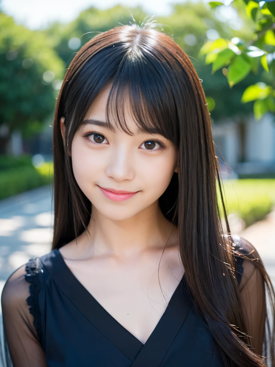 (Best-quality, Masterpiece, Ultra-High-Resolution, (Photorealistic:1.4), Raw Photo, depth of field, professional lighting, perfect anatomy, extremely details), face-focus, 1girl, 15-years-old, the most famous Japanese-idol, ((looking at viewer, innocent smile)), (((extremely beautiful and extremely realistic skins))), (((extremely realistic big-black-eyes))), (((extremely cute face like the most popular Japanese idol))), (long-eyelashes), (black long-straight-hair)