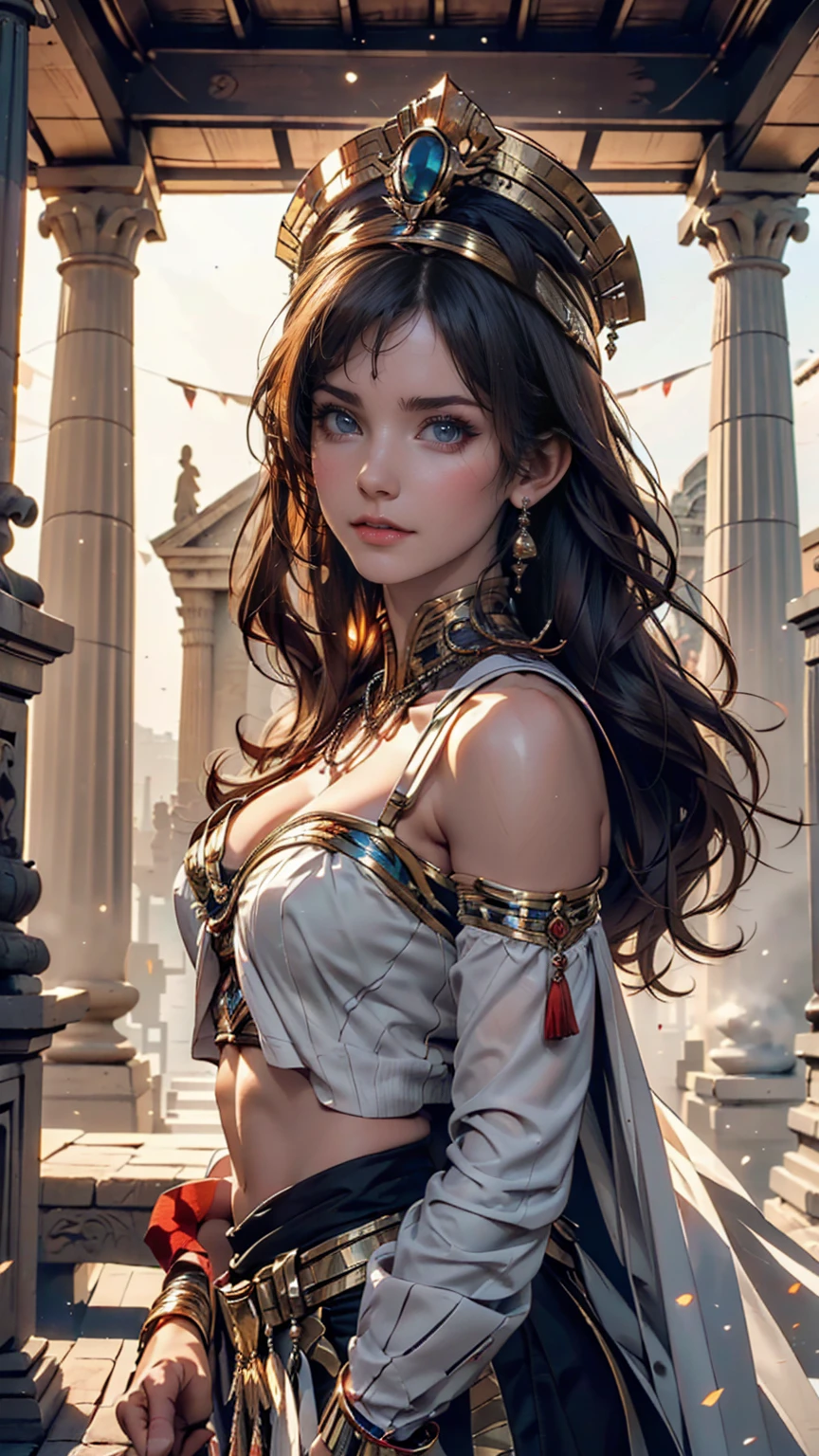 ((最high quality, 8k, masterpiece: 1.3, Ultra HD, high quality, 最high quality, High resolution, realism)) 、Cleopatra、Women of the ancient Egyptian pharaohs、Egyptian、Temple dedicated to the sun god Ra