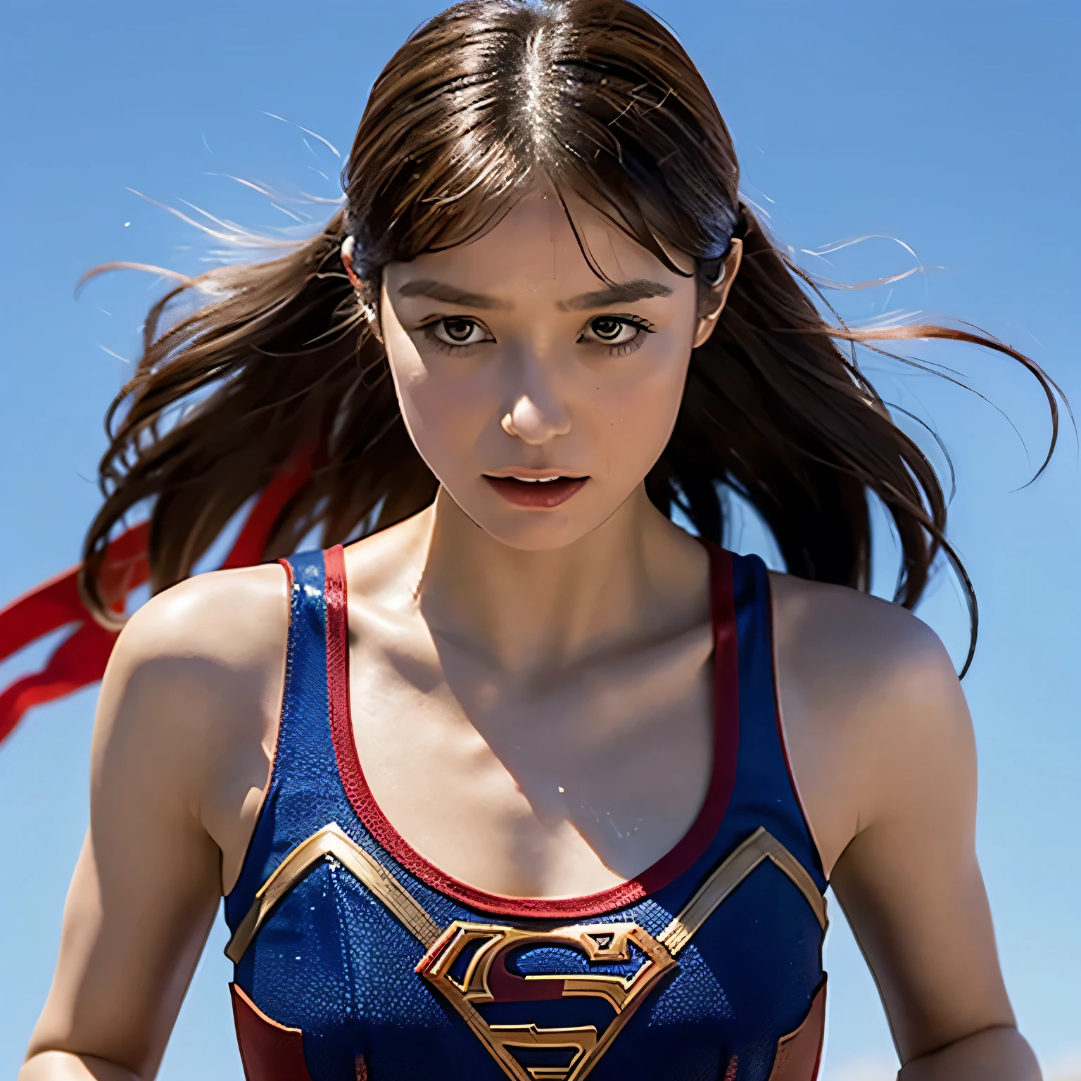 Supergirl, Beautiful Supergirl, 29 years old, Height : 152 CM, In the women's wrestling ring, midday, supergirl tanktop costume, hair tied, hair bangs, Supergirl was sweating profusely, Supergirl had wet sweat on her chest, Supergirl had wet sweat on her head, Supergirl is shocked, Supergirl looks up, Supergirl looks scared, Supergirl screamed in pain, supergirl defeated, supergirl tanktop costume is torn, Supergirl fights against a giant, Supergirl is seriously injured, Supergirl cried, supergirl in peril