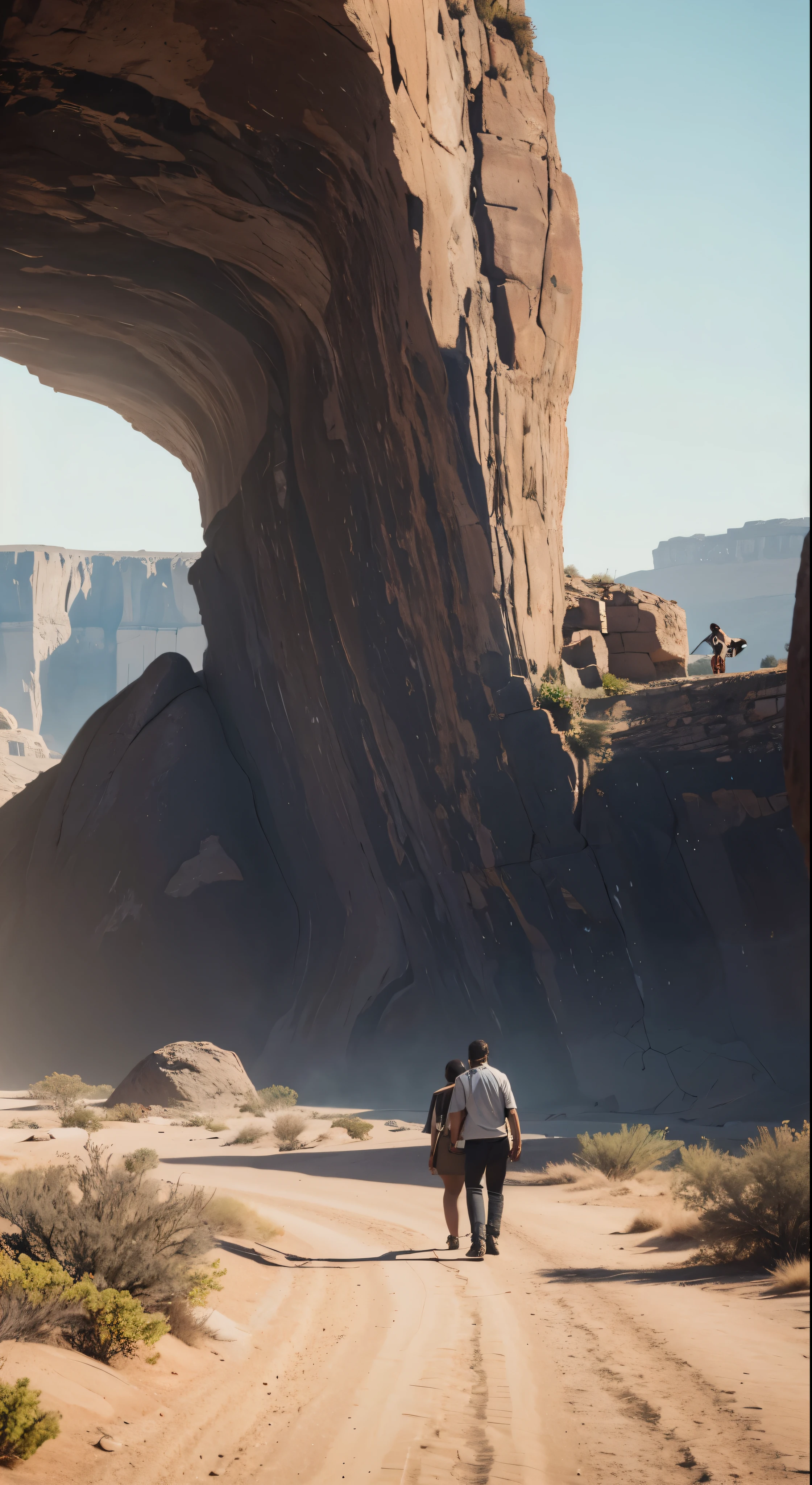 Two people walking in the desert near a large rock、Unreal Engine 5 Showcase、Anamorphic 24mm Lens、Inspired by Sanford Robinson Gifford、Gameplay screenshotusic video stills、sylvain sarrailh と igor morski、