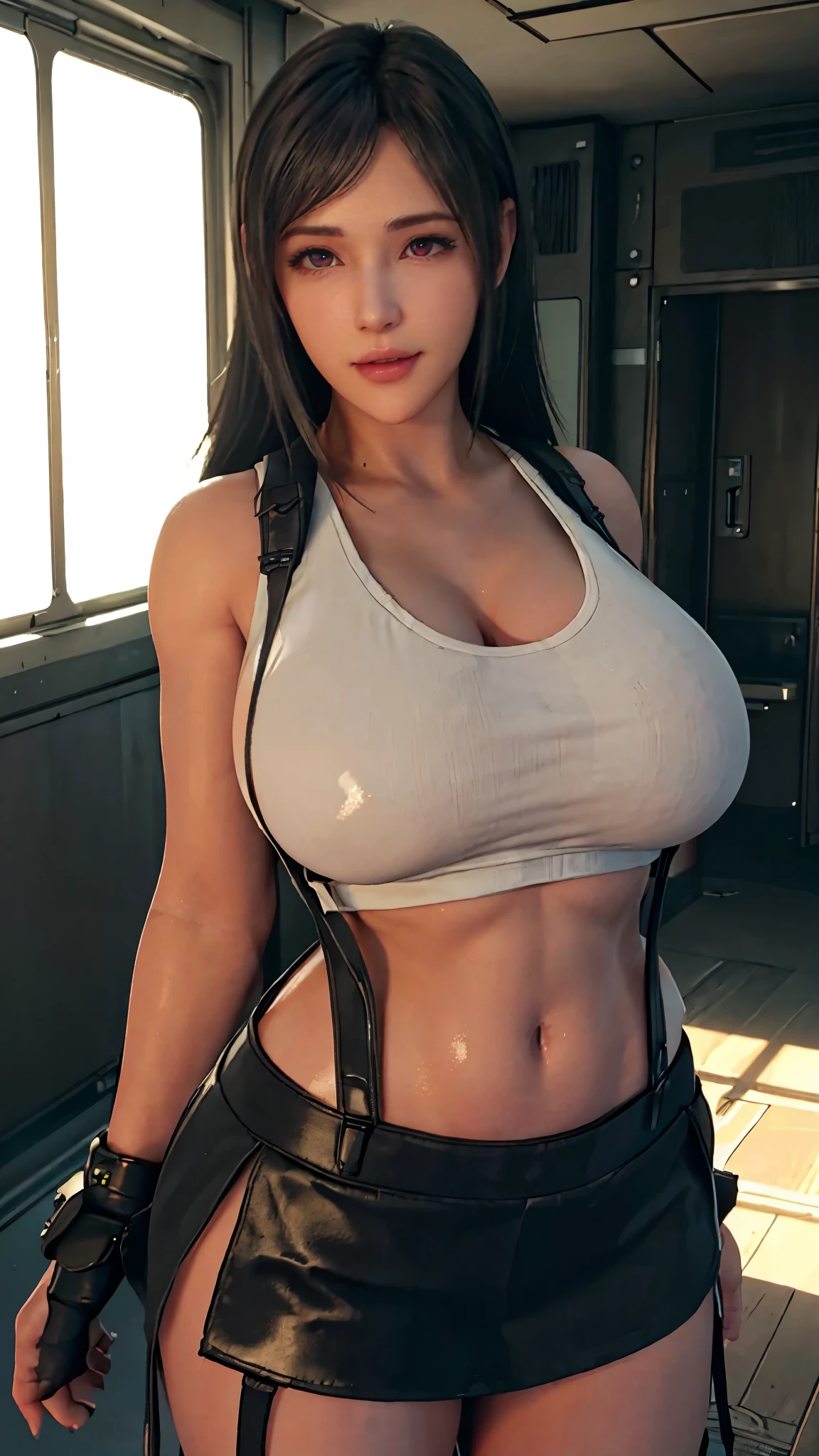 TIFA_LOCKHART, CLOSE UP UPPER BODY,SOLO, COWBOY SHOT, ((CAUCASIAN BLONDE HIGHT PONYTAIL HAIR)), (GIGANTIC FAKE BREASTS,CLEAVAGE TOP,11 LINE ABS:1.5), ((TIFA_LOCKHART UNIFORM:1.5, SUSPENDERS, LOW RISE, MINI SKIRT, TANK TOP, GUARD ARM:1.5)), (MUSCULAR BODY SHAPE:1.5), (CLEAN GLOSSY BODYSKIN:1.5), (LOOKING AT VIEWER:1.6), (BACKGROUND FUTURISTIC SPACE STATION:1), (PHOTOREALSITIC:1.4), (ULTRA-DETAILLIERT), (TOP-QUALITY), (BEST SHADOWS), BRIGHT LIGHT IN ROOM, HYPER TEXTURE, (4X MSAA), ((UNREAL ENGINE 5 RENDER)), (NEON), PHYSICALLY-BASED RENDERING, ULTRA HIGHT DEFINITION, 16K, 1080P.