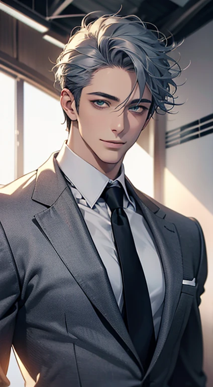 (Highest quality,4K,8K,High resolution,masterpiece:1.2),Super detailed,(Realistic,photoRealistic,photo-Realistic:1.37),1 person,31 years old,Mature Men,Beautiful skin、very handsome,Expressionless smile in love,Short gray blue hair,green eyes,Sharp Eyes,A perfect face without a doubt,Businessman,Office Background,Cinema Lighting,HDR image,tie、