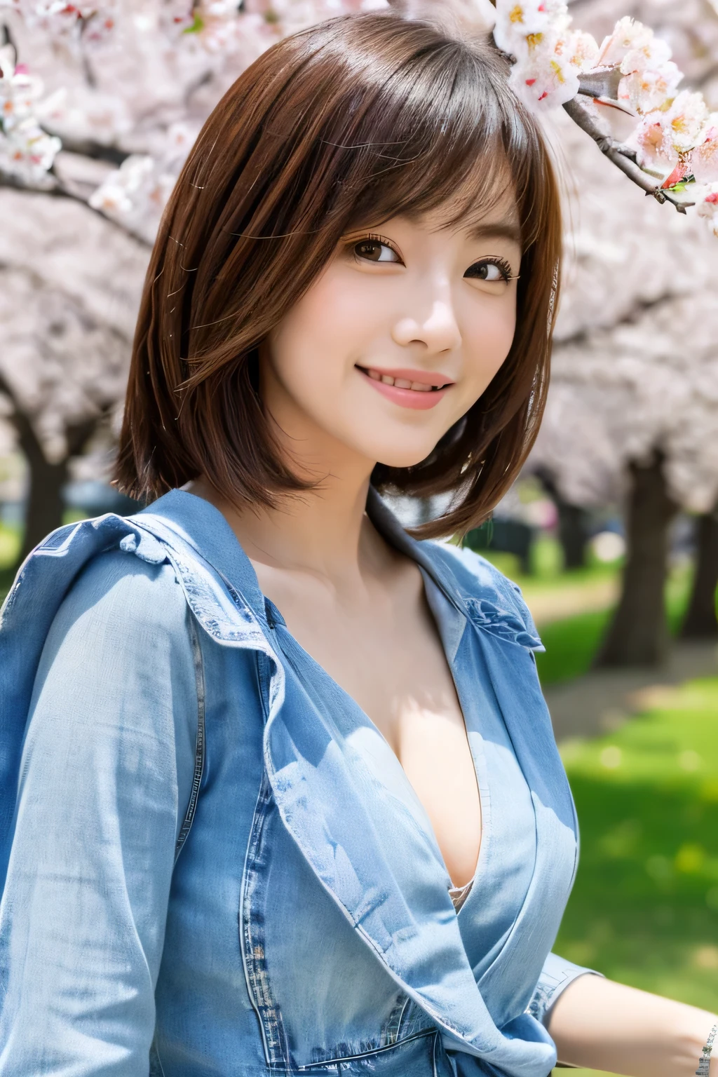(masterpiece:1.3), (8K, Photoreal, Raw photo, best image quality: 1.4)、Cherry blossom viewing in the park、Japan beautiful office lady、29-year-old、medium-short hairstyle、cleavage:1.2、super detail face、pay attention to details、double eyelid、Big eyes、cute woman:1.4、light brown hair、highest quality、masterpiece、超A high resolution、(Photoreal:1.4)、denim pants、blouse、happy expression、Smartphone selfie style
