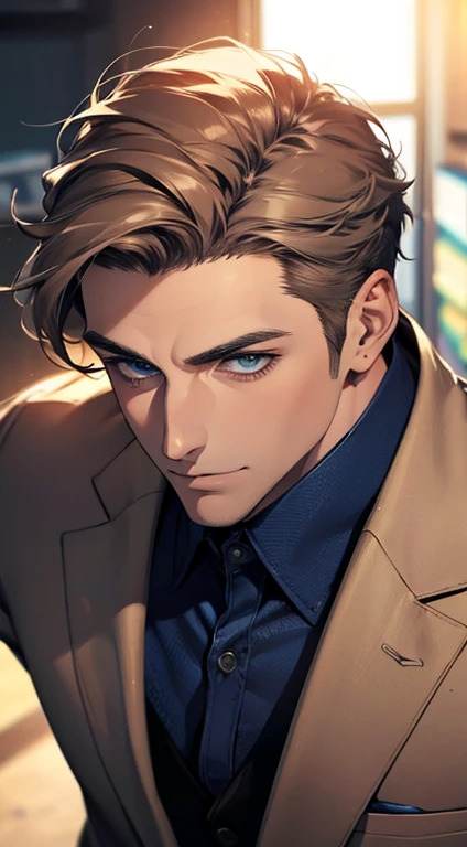 (best quality,4k,8k,highres,masterpiece:1.2),ultra-detailed,(realistic,photorealistic,photo-realistic:1.37),1 man,31 years old,mature man,very handsome,without expression,smile,short grey brown hair,blue eyes,penetrating gaze,perfect face without errors,imposing posture,businessman,office background,cinematic lighting,hdr image