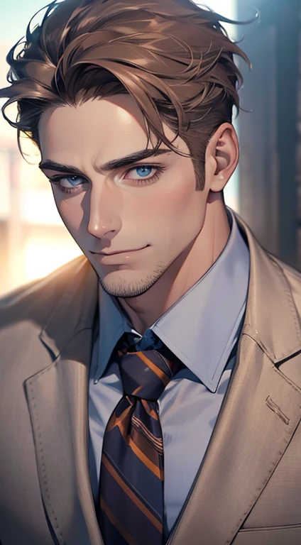 (best quality,4k,8k,highres,masterpiece:1.2),ultra-detailed,(realistic,photorealistic,photo-realistic:1.37),1 man,31 years old,mature man,very handsome,without expression,smile,short grey brown hair,blue eyes,penetrating gaze,perfect face without errors,imposing posture,businessman,office background,cinematic lighting,hdr image