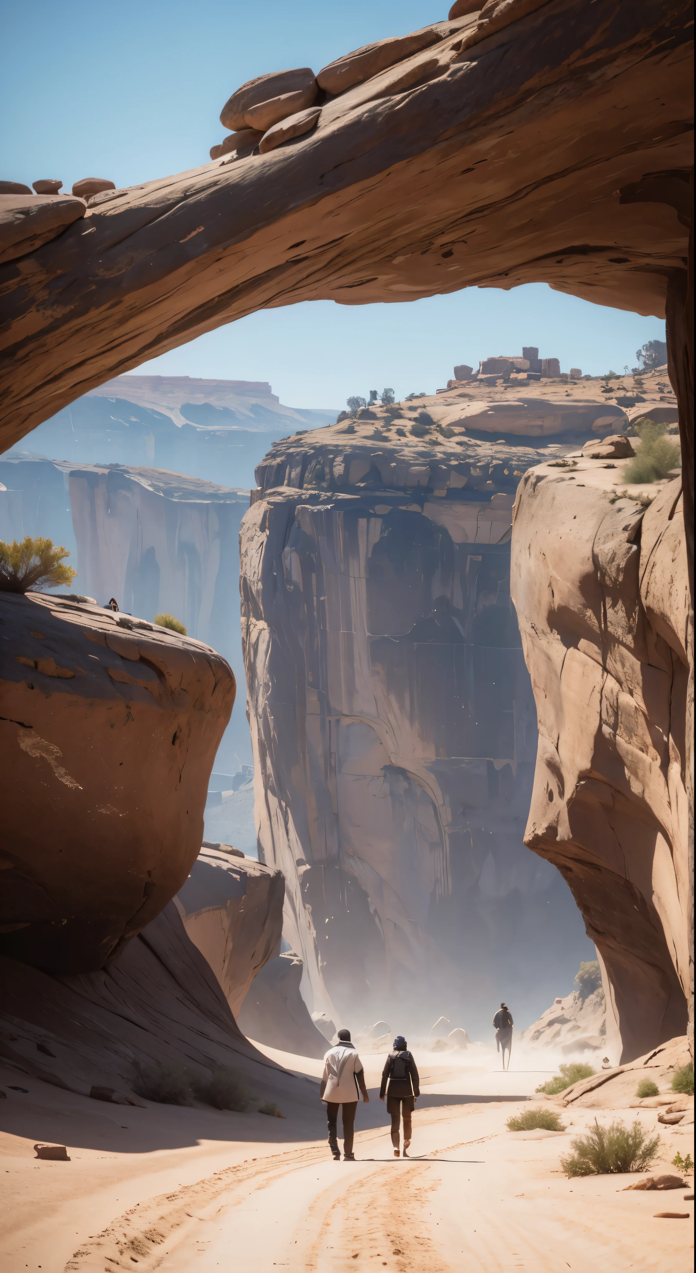 Two people walking in the desert near a large rock、Unreal Engine 5 Showcase、Anamorphic 24mm Lens、Inspired by Sanford Robinson Gifford、Gameplay screenshotusic video stills、sylvain sarrailh と igor morski、