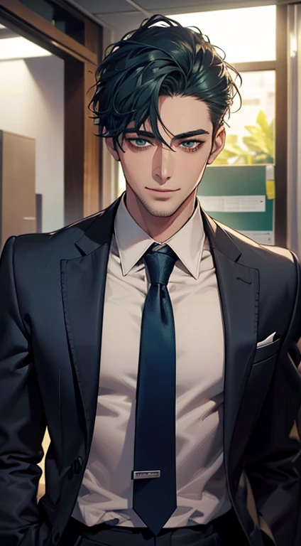 (Highest quality,4K,8K,High resolution,masterpiece:1.2),Super detailed,(Realistic,photoRealistic,photo-Realistic:1.37),1 person,34 years old,Mature Men,Beautiful skin、very handsome,Expressionless smile in love,Short blue hair,green eyes,Sharp Eyes,A perfect face without a doubt,Businessman, CEO, Office Background,Cinema Lighting,HDR image,tie、