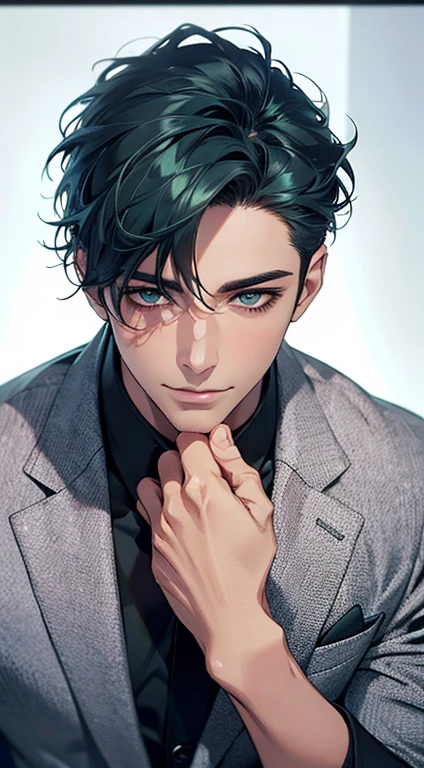 (Highest quality,4K,8K,High resolution,masterpiece:1.2),Super detailed,(Realistic,photoRealistic,photo-Realistic:1.37),1 person,34 years old,Mature Men,Beautiful skin、very handsome,Expressionless smile in love,Short blue hair,green eyes,Sharp Eyes,A perfect face without a doubt,Businessman, CEO, Office Background,Cinema Lighting,HDR image,tie、