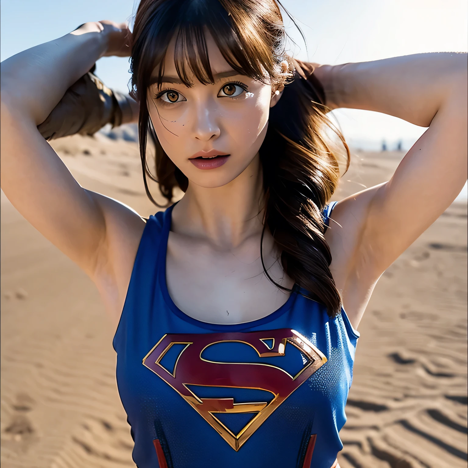 Supergirl, Beautiful Supergirl, 29 years old, Height : 152 CM, at desert, midday, supergirl tanktop costume, hair tied, hair bangs, Supergirl was sweating profusely, Supergirl had wet sweat on her , Supergirl had wet sweat on her head, Supergirl is shocked, Supergirl looks up, Supergirl looks scared, Supergirl screamed in pain, supergirl defeated, supergirl tanktop costume is torn, Supergirl fights against a giant, Supergirl is seriously injured, Supergirl cried, supergirl in peril