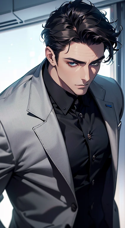 (best quality, masterpiece, 8K, photorealistic, cinematic lighting, 1:4 hdr image, top view, ultra detailed, beautiful image), a mature man, very handsome, short black hair, blue eyes, perfect face without errors , ((buttoning his jacket, CEO))