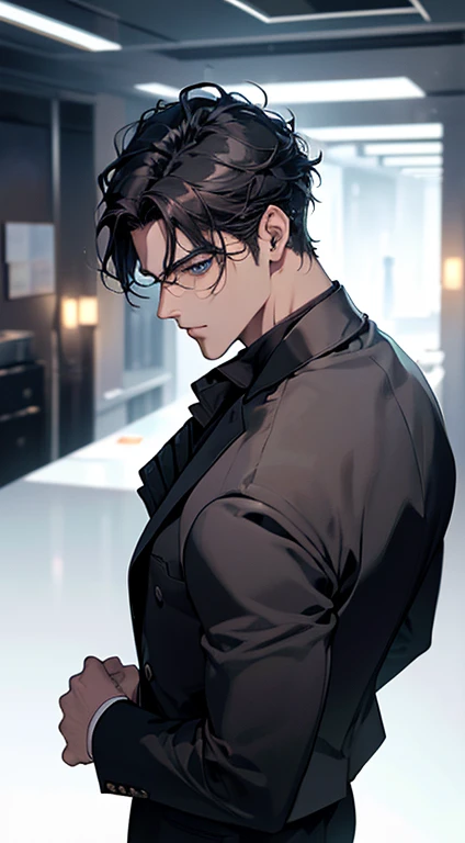 (best quality, masterpiece, 8K, photorealistic, cinematic lighting, 1:4 hdr image, top view, ultra detailed, beautiful image), a mature man, very handsome, short black hair, blue eyes, perfect face without errors , ((buttoning his jacket, CEO))