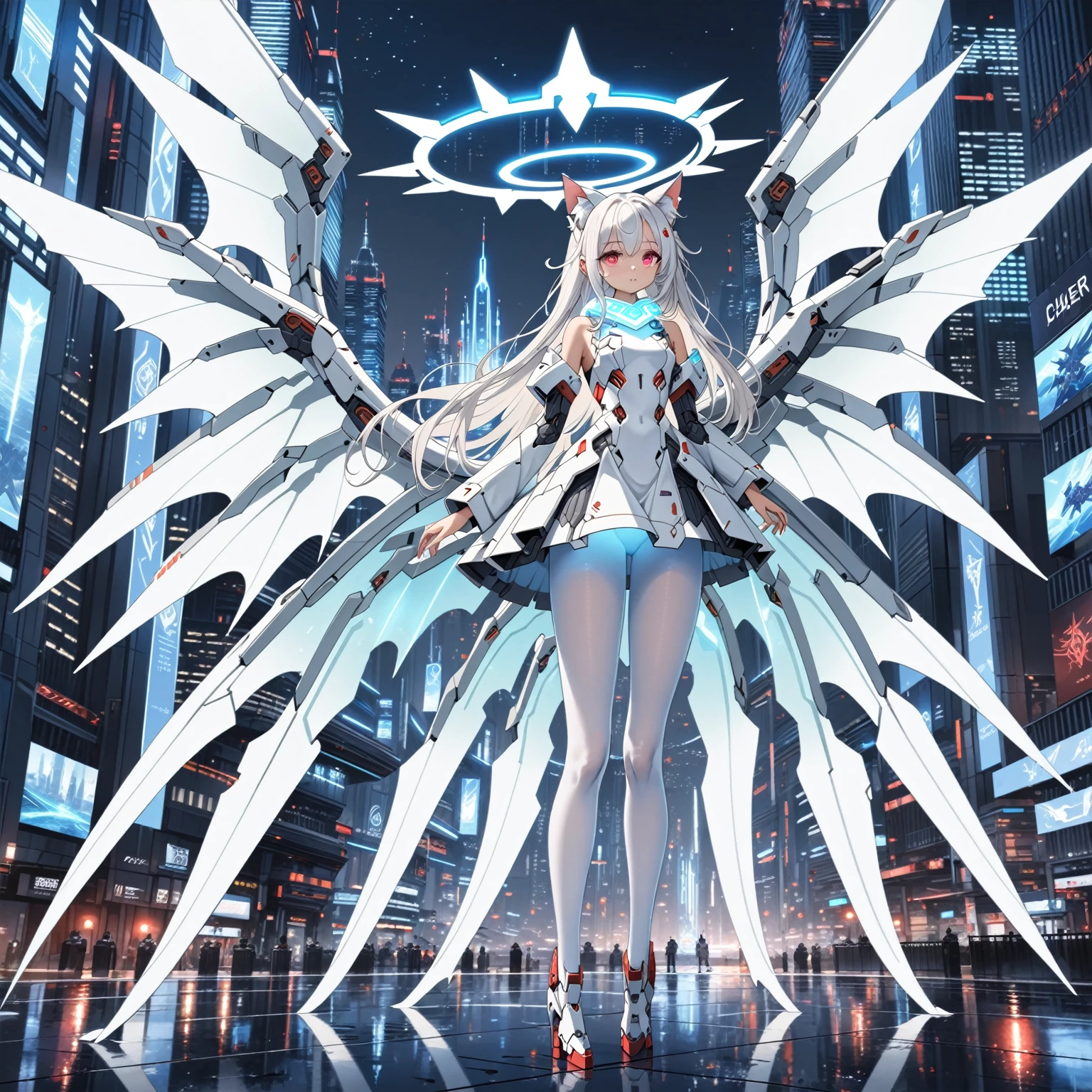 masterpiece, highest quality, highest resolution, clear_image, detailed details, white hair, long hair, 1 girl, cat ears, red eyes, futuristic dragon wings (12 wings), futuristic halo, white sci fi mecha dress, white scarf (around the neck withn a light blue glow), white pantyhose, full body, no water marks, city