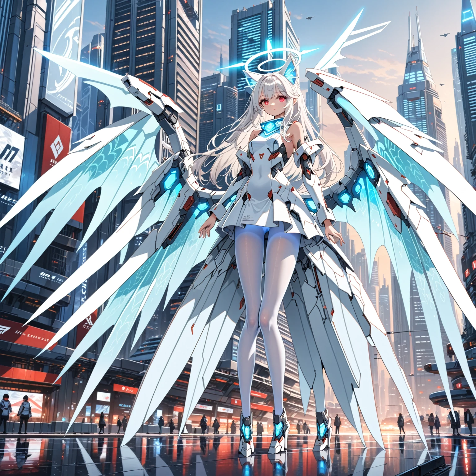 masterpiece, highest quality, highest resolution, clear_image, detailed details, white hair, long hair, 1 girl, cat ears, red eyes, futuristic dragon wings (12 wings), futuristic halo, white sci fi mecha dress, white scarf (around the neck withn a light blue glow), white pantyhose, full body, no water marks, city