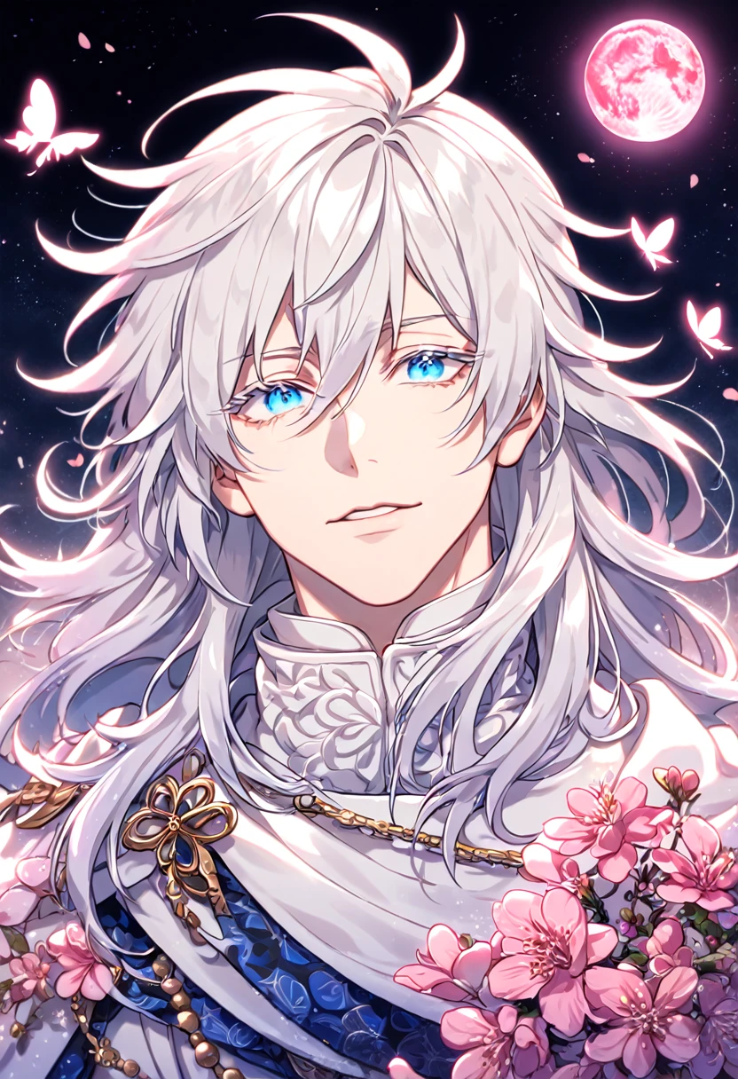 absurdres, highres, ultra detailed, HDR, master piece, best quality, extremely detailed face, delicated features, Gojou Satoru,white hair, long hair, messy hair, hair between the eyes, expressive blue eyes, white eyelashes, Thousand Years War, solo, sexy man, handsome, cape, white robes, accessories, patterns, fantasy, magical, radiant, pink butterflies, pink flowers, night sky, shinning pink moon, blossoms, Jujutsu Kaisen