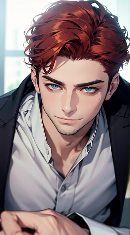 (best quality,4k,8k,highres,masterpiece:1.2),ultra-detailed,(realistic,photorealistic,photo-realistic:1.37),1 man,31 years old,mature man,very handsome,without expression,smile,short red hair,blue eyes,penetrating gaze,perfect face without errors,imposing posture,businessman,office background,cinematic lighting,hdr image