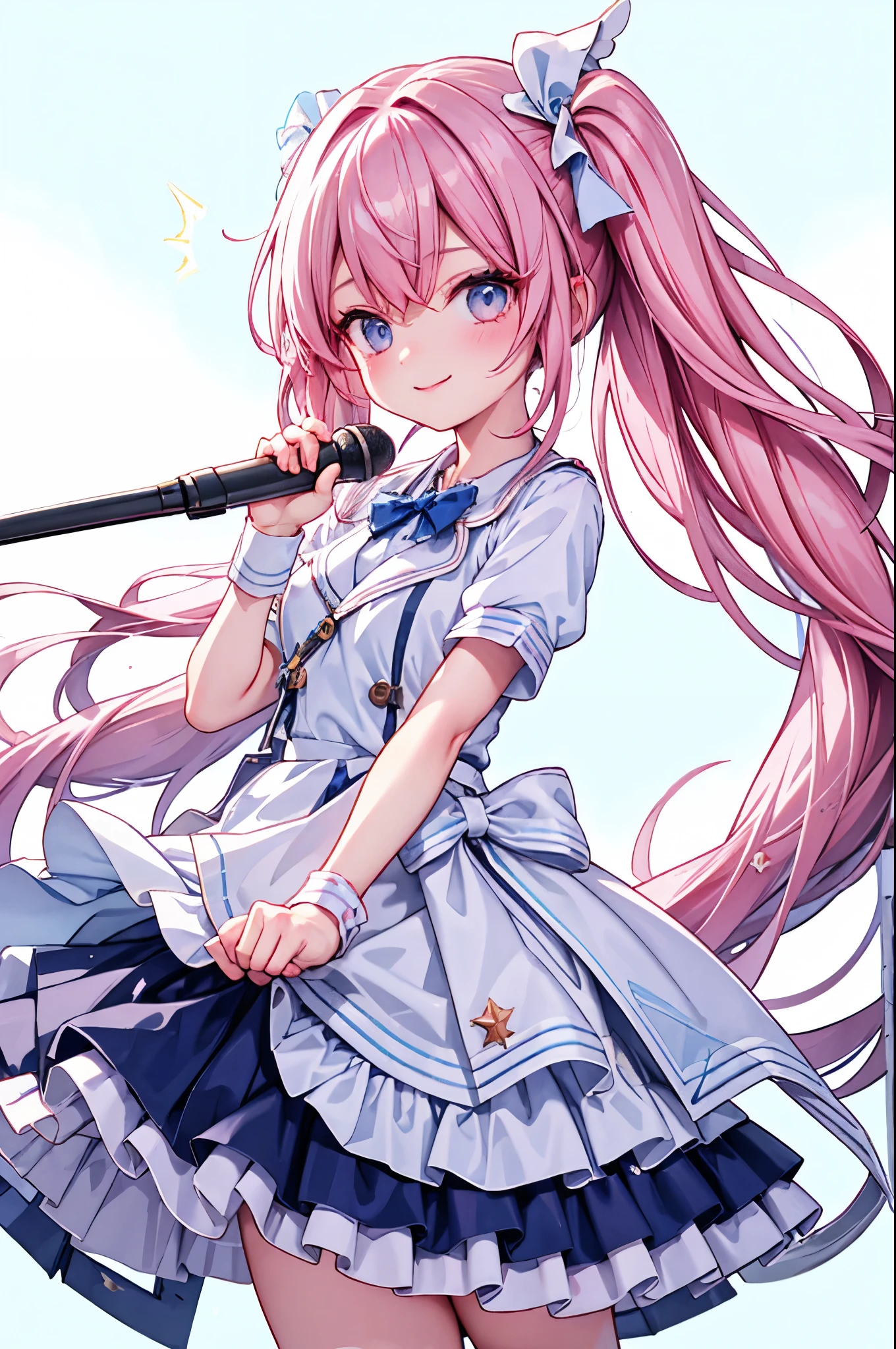 high resolution,smile,woman,woman1人,adult,cute,Holding the microphone with one hand, Pink Hair,BREAK, Light blue eyes,BREAK,Idol Uniform,BREAK,Facing forward,BREAK,Light blue background,