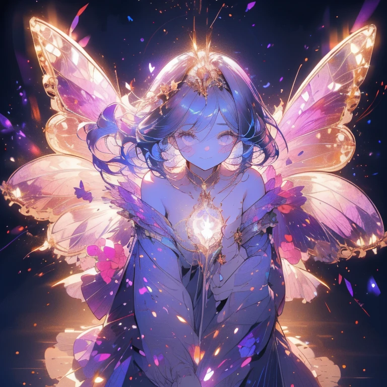 a beautiful (1girl) with colorful butterfly wings, blue hair, detailed face, purple eyes,intricate butterfly wings,detailed wing patterns,detailed clothing,colorful butterfly wings,cinematic lighting,golden light particle, best detailed,masterpiece,ultra detailed, best shadow, delicate,action pose, (dynamic angle,detailed background, fantasy), (beautiful detailed face), high contrast, (best illumination, an extremely delicate and beautiful), ((cinematic light)), colorful, hyper detail, dramatic light, intricate details, butterfly circle, magic crystals, Fantastic fairy, Unique type 