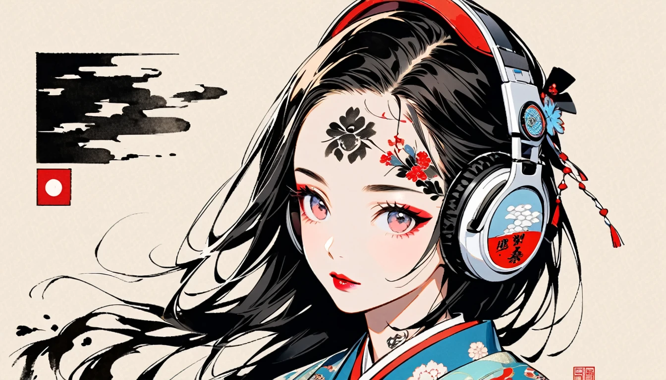 (((Ink Painting))), Fashion portrait color photos, (((1 girl))), (((Tattoo in the center of the forehead))), (((Very flashy hair accessories))), (((Very flashy makeup))), Japanese style headphones, Japanese pattern base, Japanese beautiful girl, Black Hair, Delicate and precise, Modern ukiyo-e style, Japanese flag