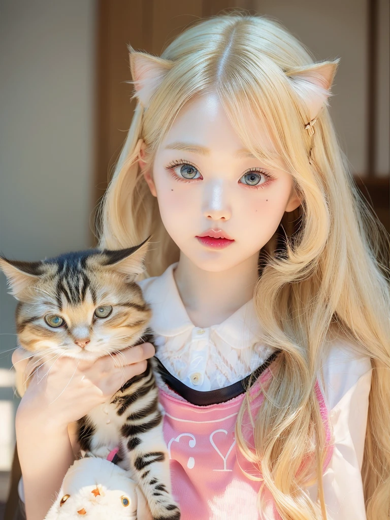 blonde-haired girl with a cat in her arms, very beautiful cute,  girl, ulzzang, beautiful young kitten, lalisa manobal, beautiful anime cat girl, girl, Very beautiful anime, long blonde hair and big eyes, anime girl, cute chica ready anime, pale skin curly blonde hair ((8k)) ((high resolution)) 