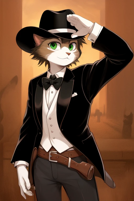 A tuxedo cat with green eyes being a heroic cowboy with a revolver and saluting with his hat 