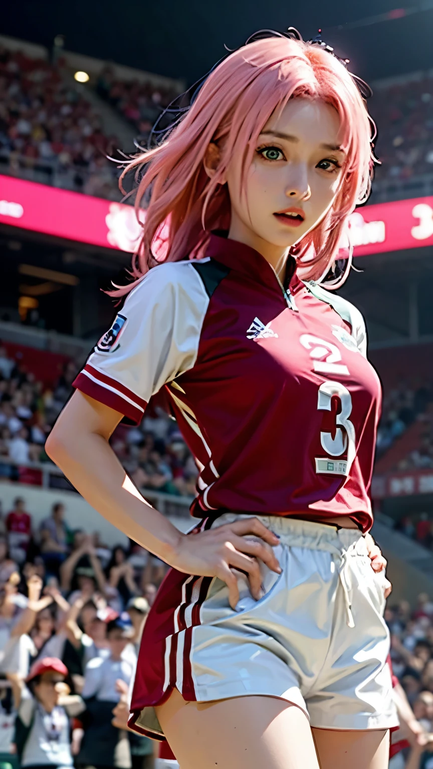 Haruno sakura, pink hair, green eyes, from the anime Naruto is wearing the Indonesian national football team's uniform. She is dressed in a red jersey with the Garuda emblem on the chest and white shorts. The background is the stadium. filled with cheering fans and a vibrant atmosphere.