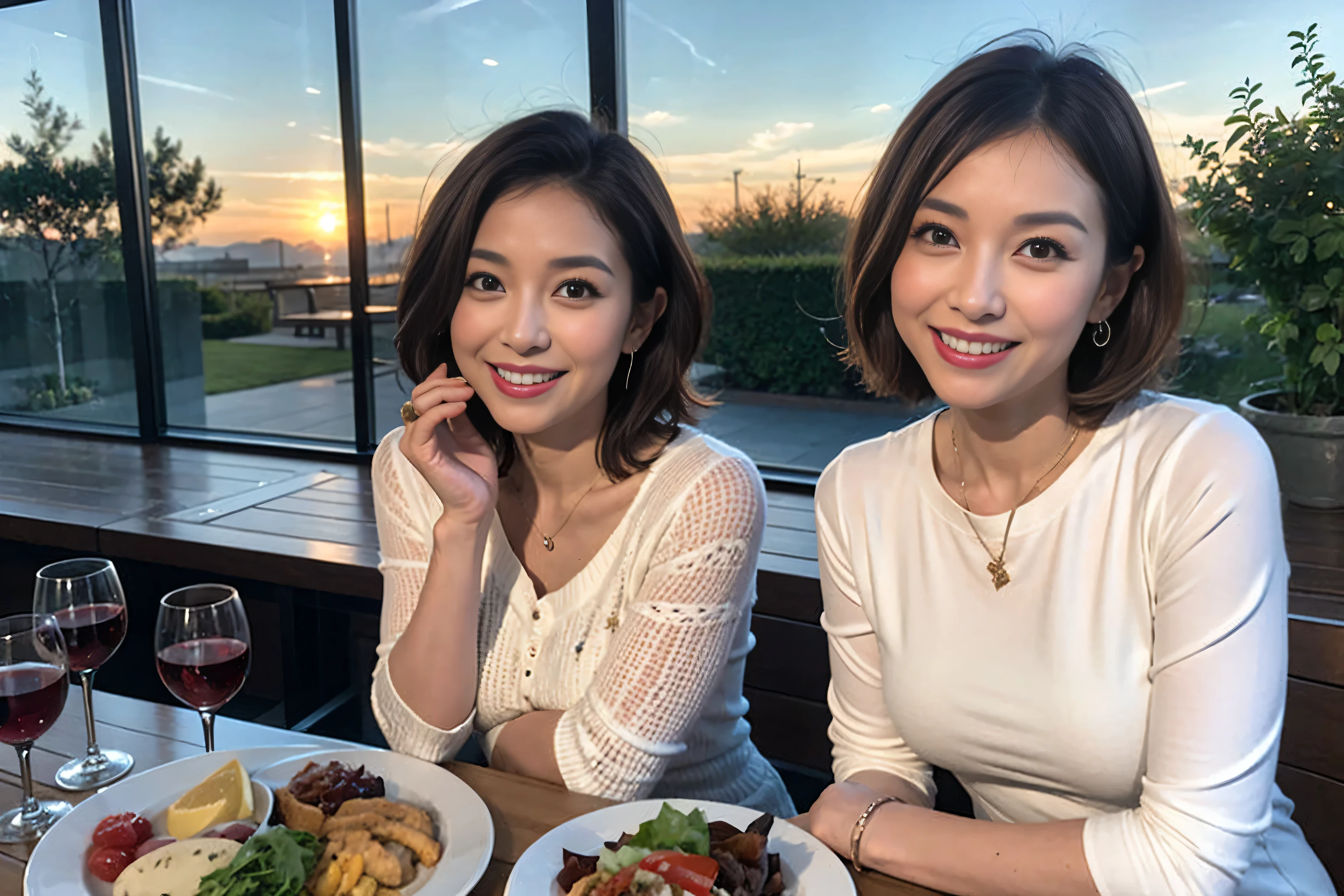 (Realistic:1.1),(masterpiece,Highest quality),8k,(49 years old), 53 years old, ベリーslimボディ、slimカップル、Tight waist,Upper Body,full-course dinner、wine 、Amazing view of the sunset sky and clouds、Perfect Anatomy, Brown Hair, short hair,Random Hairstyles,((Highly detailed face and eyes:1.2)),Perfect golden ratio face,Long sleeve shirt、dress,(smile:1.2)、Shortcuts、cute、(Realistic, Intricate details:1.2), A bright smile、short hair,Bright Face、赤wine 、Appetizers、Italian food、wine bottle、Champagne、スパークリングwine、(slimな顔), (The body is slim), (Brown Hair), (Shortcuts), Upper Body, 白wine, slim, wineグラス,