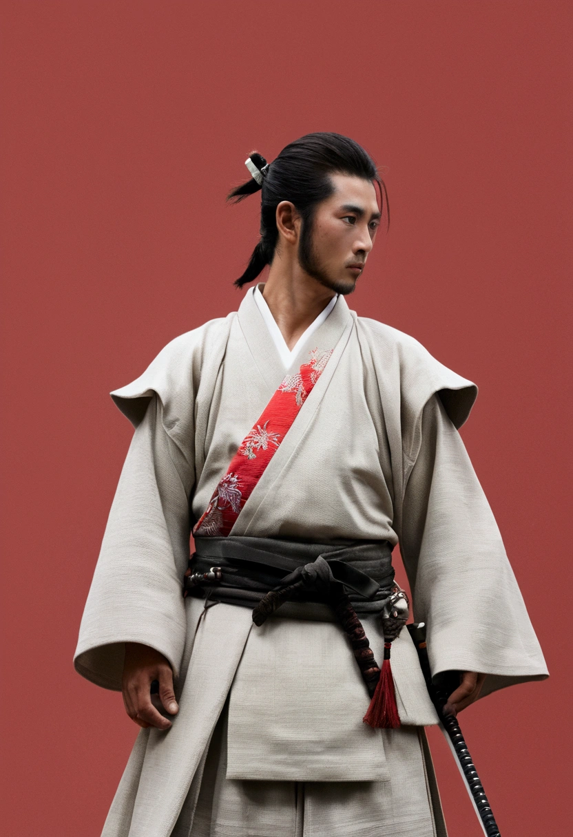 Image of a young samurai ronin: Brave, Superb Swordsmanship. he'Standing on the Horizon, Ready for battle, A sharp gaze and a powerful figure、保護と名誉に対するheの準備を表しています。. 月の輝きがheのヘルメットに映っている, heの揺るぎない献身と規律を象徴する. heの姿勢は戦闘におけるheの恐るべき力強さを彷彿とさせる, Willing to shed blood for honor