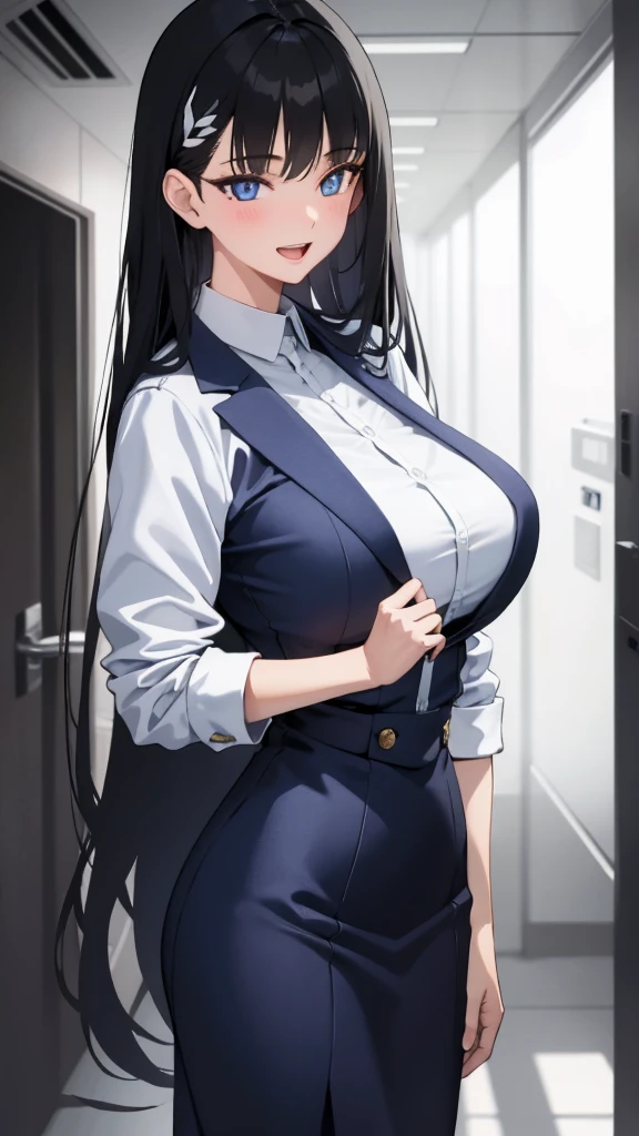 (masterpiece), (best quality), (ultra-detailed), ((girl, 29 years old)), an extremely delicate and beautiful, detailed eyes, minute details, (black hair, long hair, straight hair, hair between eyes), ((big breasts)), smile, open mouth, ((beautiful eyes)), (blue eyes), (upper body), she is wearing a blue dress, (detailed clothes), (detailed background, in a hospital, hospital hallway), (monochrome)