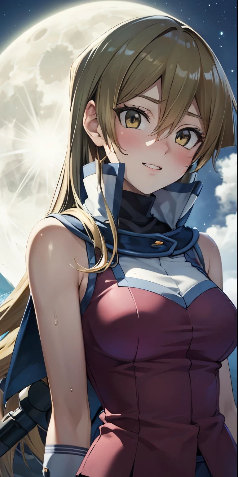 1 Female,High definition,high resolution,Ultra-realistic,8K, 8K, ta1,blonde hair,long hair,yellow eyes, white jacket, sleeveless, blue skirt,tight skirt , miniskirt,fingerless gloves,European,sexy,Upper body close-up,Photographed from the front,Dynamic Angles,(blush), big tits , happy, wink the eye,facial, sweat,multicolored hair , outdoors, moonlight, night
