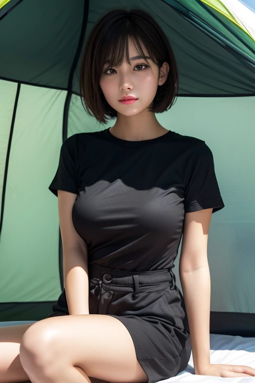 super high quarity,Facial details,photorial,Young beautiful girl,very short bob hair,huge breasts,large hip,black Tshirt,black short pants,in the camping tent,shoot from below,legs together side