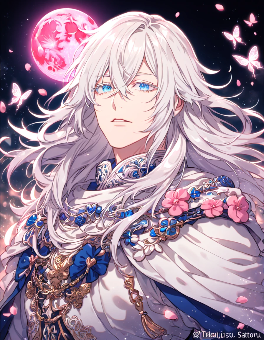 absurdres, highres, ultra detailed, HDR, master piece, best quality, extremely detailed face, delicated features, Gojou Satoru,white hair, long hair, messy hair, hair between the eyes, expressive blue eyes, white eyelashes, Thousand Years War, solo, sexy man, handsome, cape, white robes, accessories, patterns, fantasy, magical, radiant, pink butterflies, pink flowers, night sky, shinning pink moon, blossoms, Jujutsu Kaisen